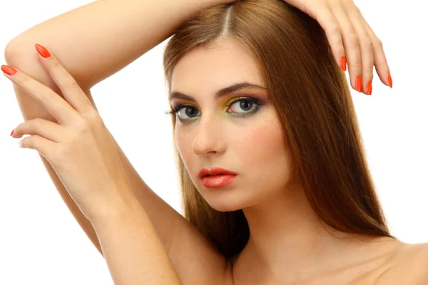 Retrato de sexy jovem mulher com glamour make up e laranja manicure — Fotografia de Stock