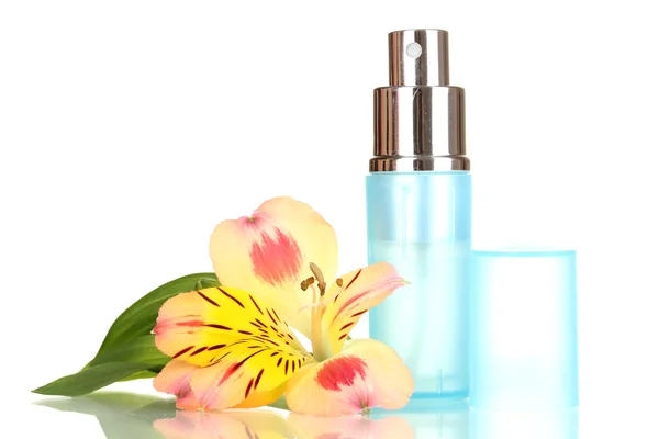 Women's perfume in beautiful bottle with flower isolated on white — Stock Photo, Image