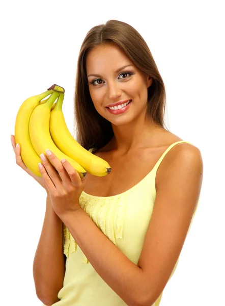 Bella giovane donna con banane, isolata su bianco — Foto Stock