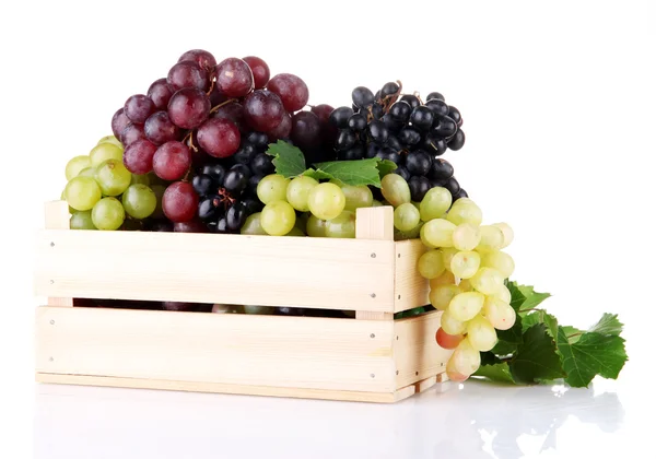 Sortimento de uvas doces maduras em caixa de madeira, isoladas em branco — Fotografia de Stock