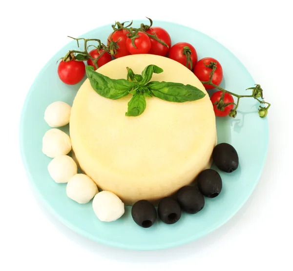 Cheese mozzarella with vegetables in the plate isolataed on white — Stock Photo, Image