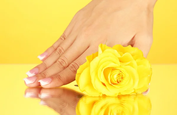 Rosa amarilla con mano de mujer sobre fondo amarillo — Foto de Stock
