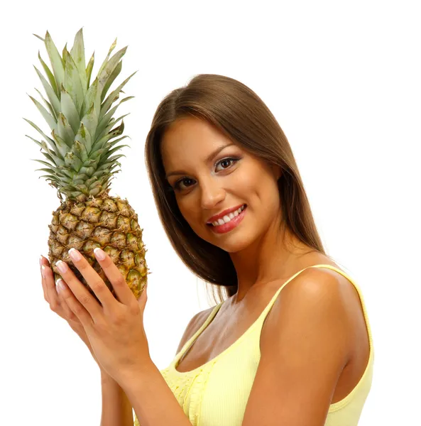 Bella giovane donna con ananas, isolata su bianco — Foto Stock