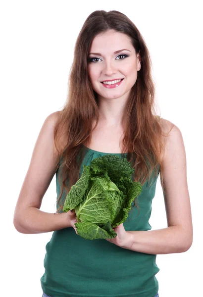 Güzel bir kadın üzerinde beyaz izole lahana ile — Stok fotoğraf