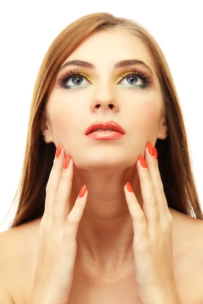 Portret van sexy jonge vrouw met glamour make-up en oranje manicure — Stockfoto