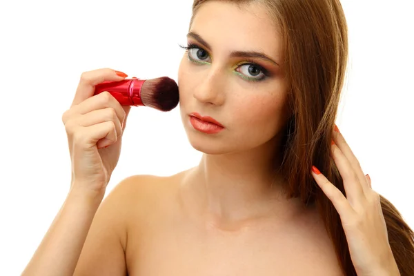 Portrait of beautiful woman with make-up brush for powder, isolated on white — Stock Photo, Image