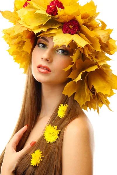 Beautiful young woman with yellow autumn wreath, isolated on white — Stock Photo, Image