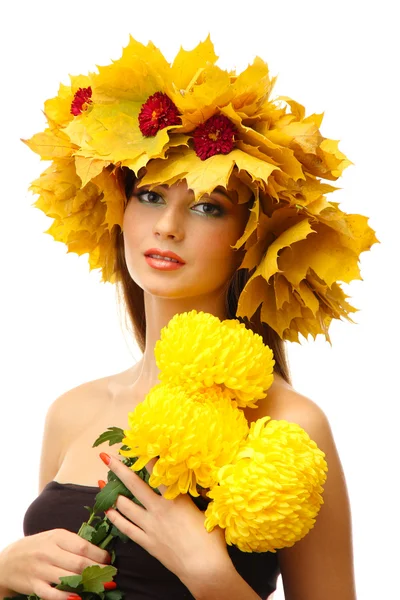 Beautiful young woman with autumn wreath and chrysanthemums, isolated on white — Stock Photo, Image