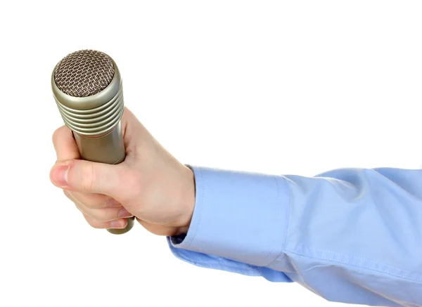 Male hand with microphone isolated on white — Stock Photo, Image