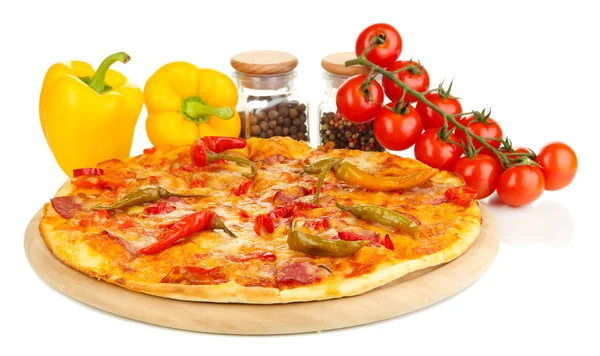 Tasty pepperoni pizza with vegetables on wooden board isolated on white Stock Picture