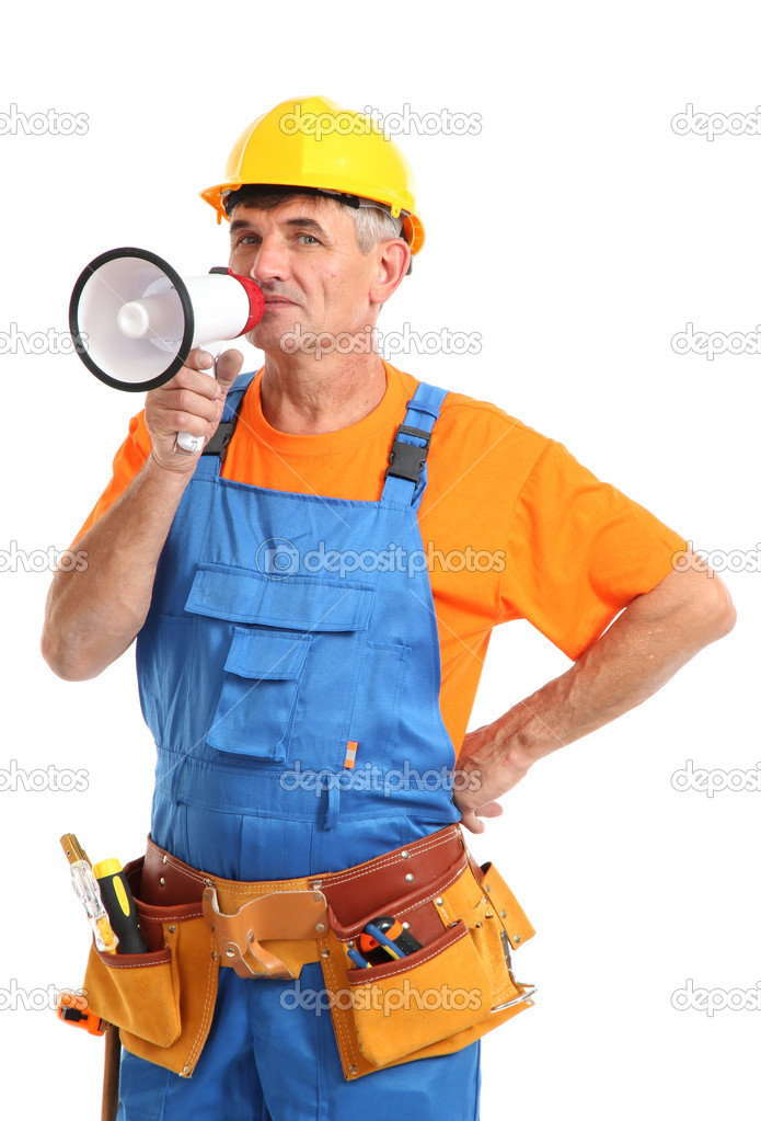 Construction superintendent directs repair isolated on white closeup