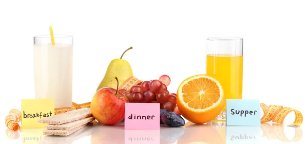 Aliments diététiques pour le petit déjeuner, le dîner et le souper isolés sur blanc — Photo