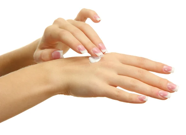 Bella donna mani con crema, isolato su bianco — Foto Stock