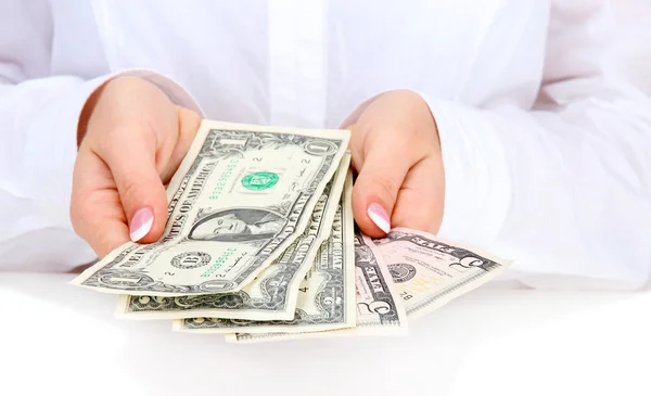 American dollars in a women hands, close up — Stock Photo, Image