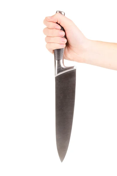 Human hand with kitchen knife isolated on white — Stock Photo, Image