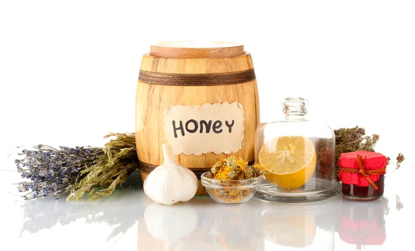 Honey and others natural medicine for winter flue, isolated on white — Stock Photo, Image