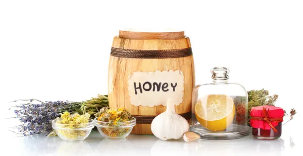 Méz és más természetes gyógymódok a téli füstgáz, elszigetelt fehér — Stock Fotó