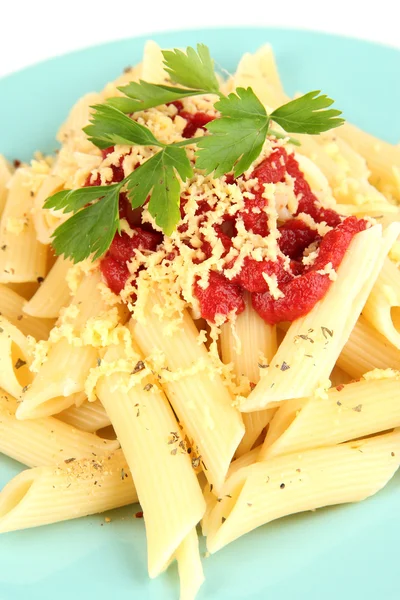 Rigatoni prato de massas com molho de tomate de perto — Fotografia de Stock