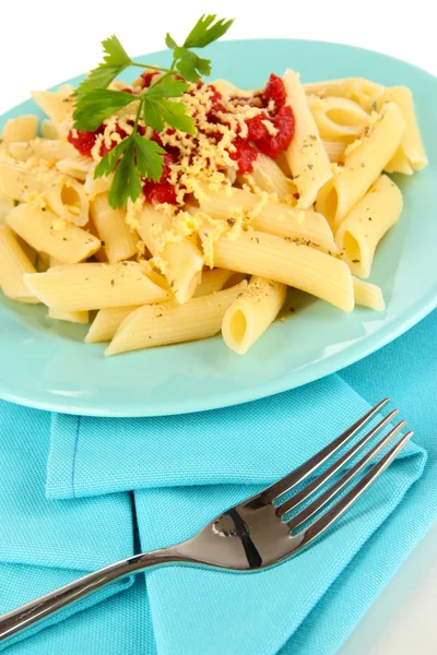 Domates soslu makarna yemek rigatoni yakın çekim — Stok fotoğraf