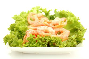 tabakta üzerine beyaz izole marul yaprakları ile haşlanmış karides