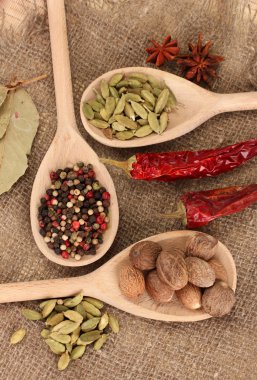 Küçük Hindistan cevizi ve diğer baharatlar çul zemin üzerine
