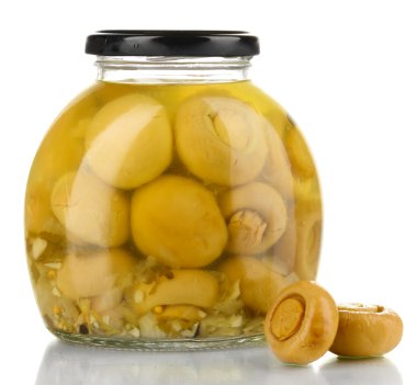 banka üzerinde beyaz izole lezzetli Marine mantar