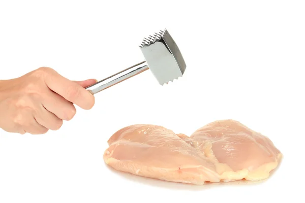 Kvinnans hand slår kyckling på vit bakgrund närbild — Stockfoto