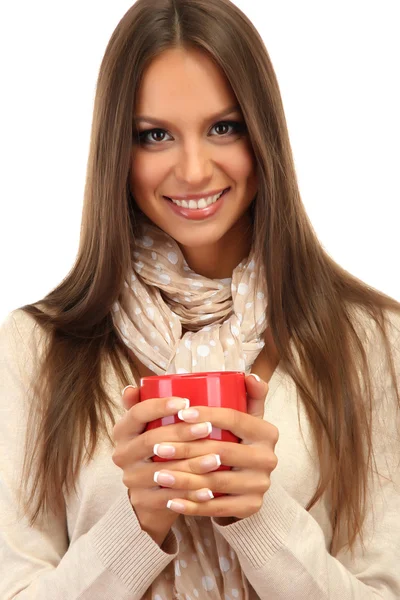 Hermosa mujer joven con taza de té, aislado en blanco —  Fotos de Stock