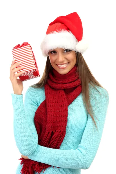 Beautiful young woman with gift, isolated on white — Stock Photo, Image