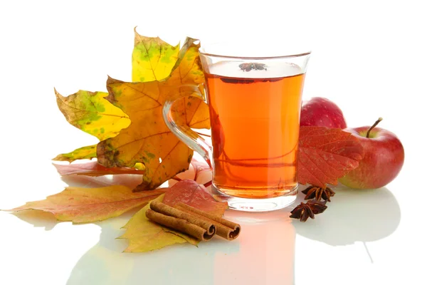 Cup of hot tea and autumn leaves, isolated on white — Stock Photo, Image