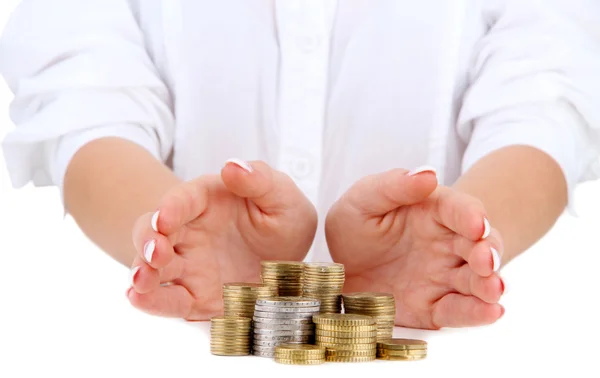 Woman hands with coins, close up — Stock Photo, Image