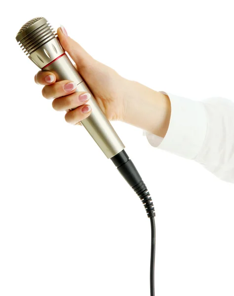 Female hand with microphone isolated on white — Stock Photo, Image