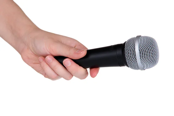 Svart mikrofonen i hand isolerad på vit — Stockfoto