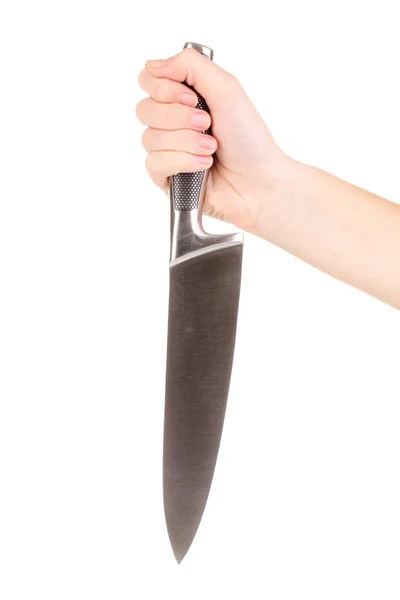 Menschenhand mit Küchenmesser isoliert auf weiß — Stockfoto