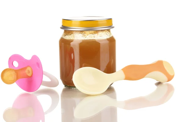 Cibo per bambini utile e gustoso con piccolo cucchiaio beige isolato su bianco — Foto Stock