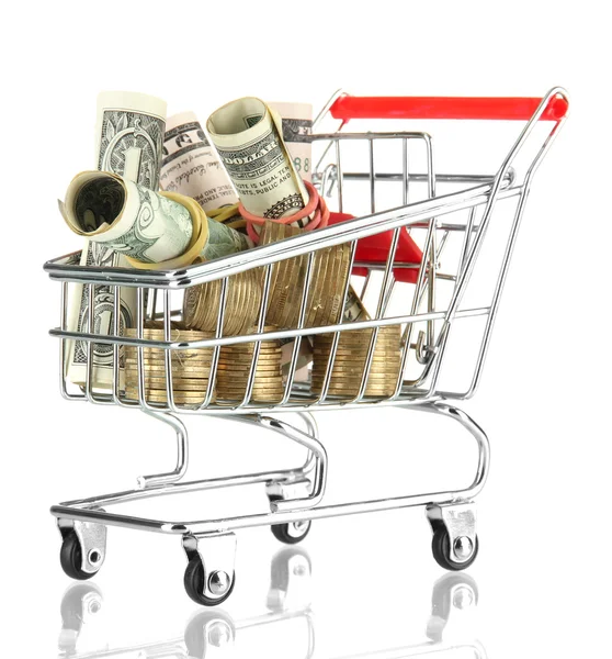 Carrito de compras con dólares y monedas ucranianas, aislado en blanco — Foto de Stock