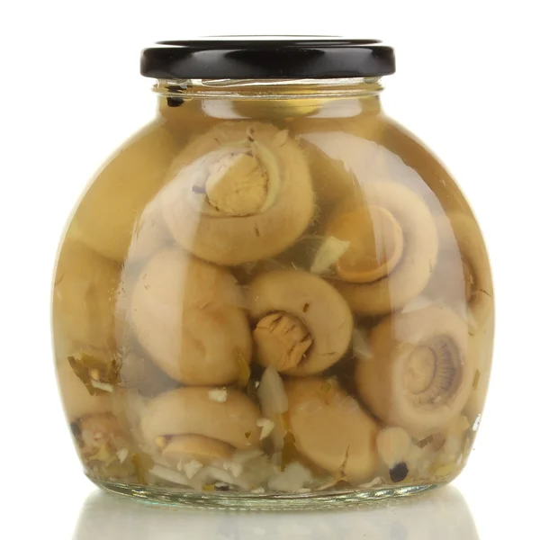 Deliziosi funghi marinati in banca isolati su bianco — Foto Stock