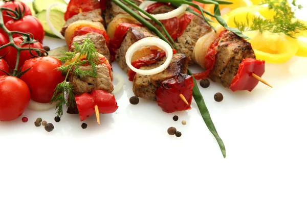Tasty grilled meat and vegetables on skewers, isolated on white — Stock Photo, Image