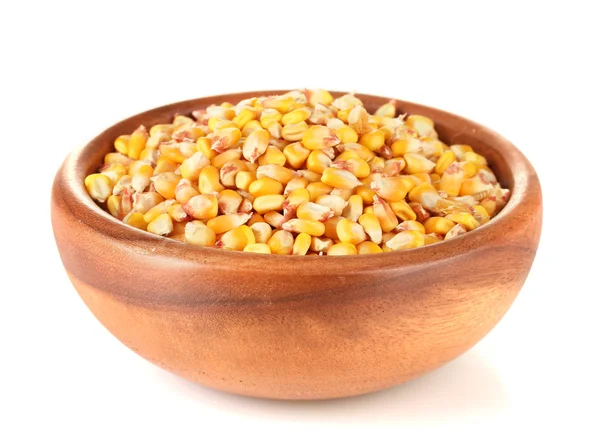 Corn in wooden bowl isolated on white — Stock Photo, Image