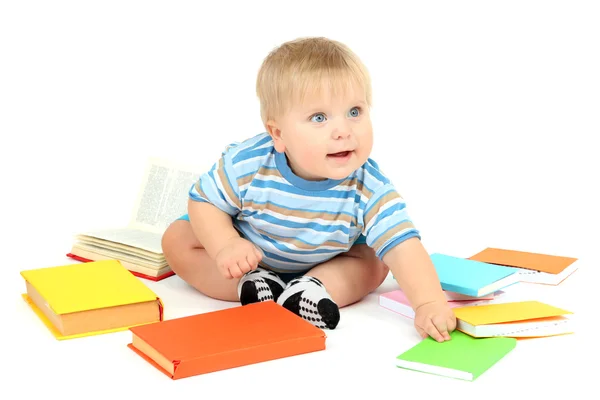 Kleine jongen met multicolor boeken, geïsoleerd op wit — Stockfoto