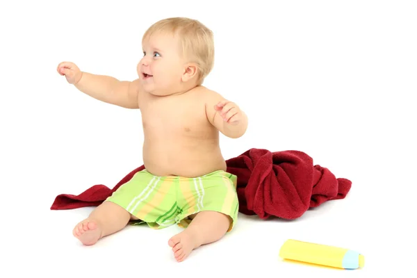Kleine jongen met kleur handdoek, geïsoleerd op wit — Stockfoto