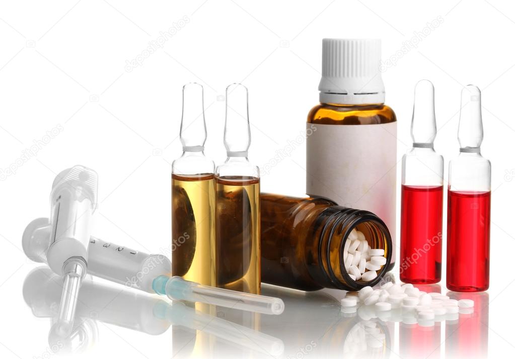 Medical ampules, bottles and syringes, isolated on white