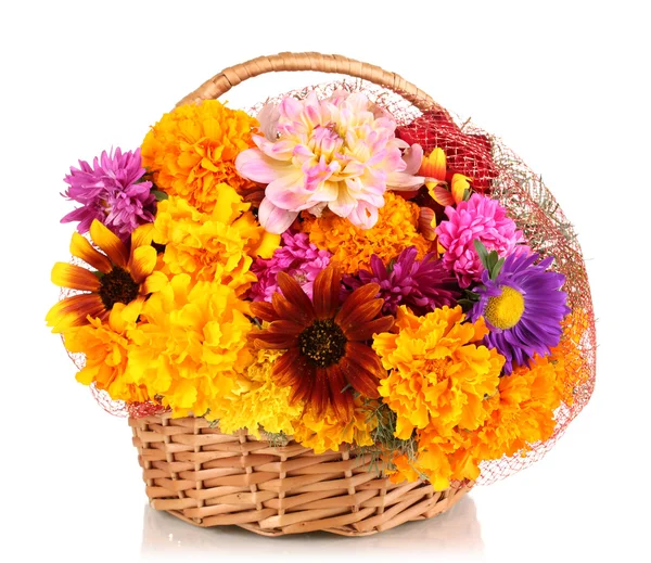 Beautiful bouquet of bright flowers in basket isolated on white — Stock Photo, Image