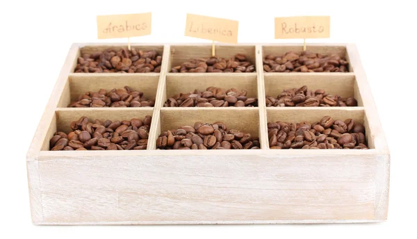 Кофейные зерна в деревянной коробке изолированы на белом — стоковое фото