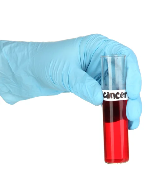 Reagenzglas mit Krebs in der Hand auf rotem Hintergrund — Stockfoto