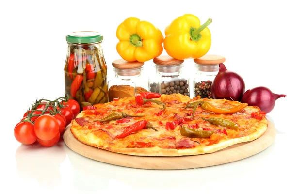 Tasty pepperoni pizza with vegetables on wooden board isolated on white — Stock Photo, Image