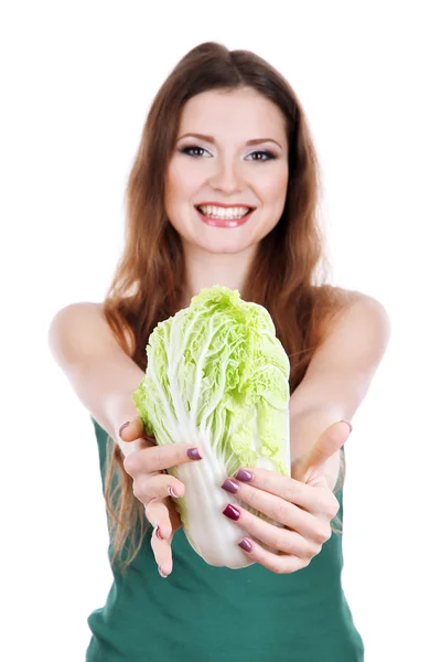 Mooie vrouw met kool geïsoleerd op wit — Stockfoto