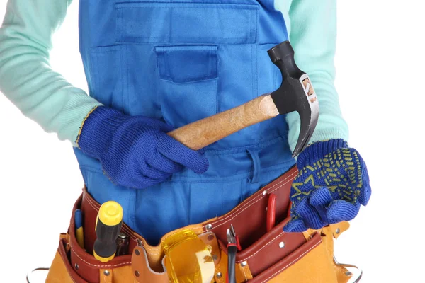 Hombre constructor de overol azul con mazo aislado en blanco — Stockfoto