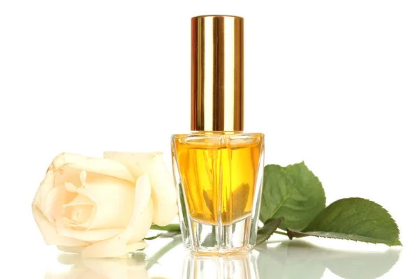 Women's perfume in beautiful bottle with rose isolated on white — Stock Photo, Image