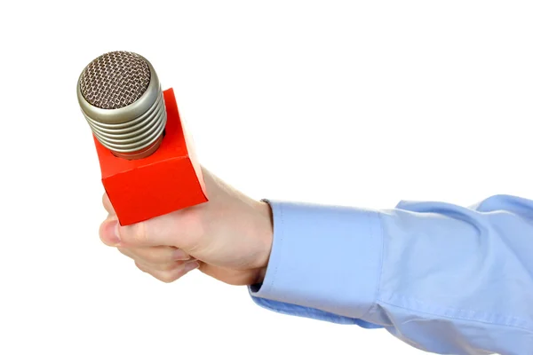Mannenhand met microfoon geïsoleerd op wit — Stockfoto